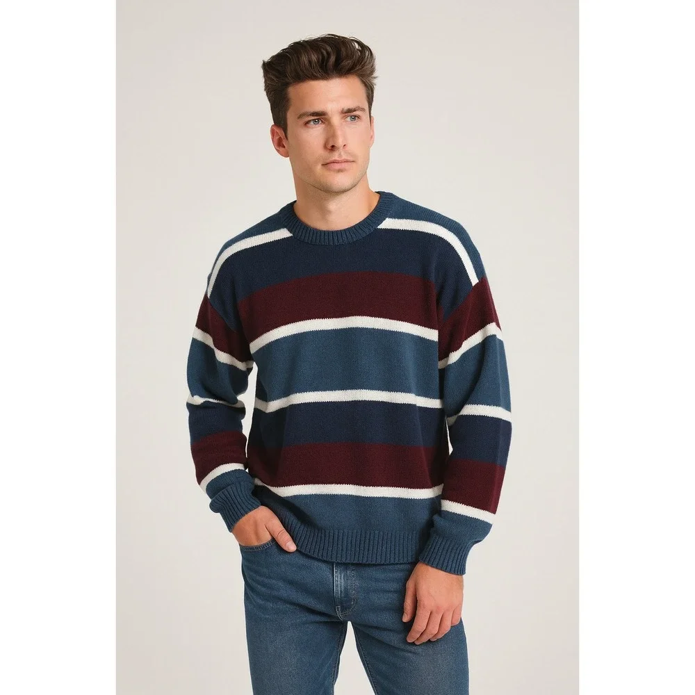 American Weekend Sweater Men 2XL Red Blue Striped Cable Knit Oversized Retro VTG